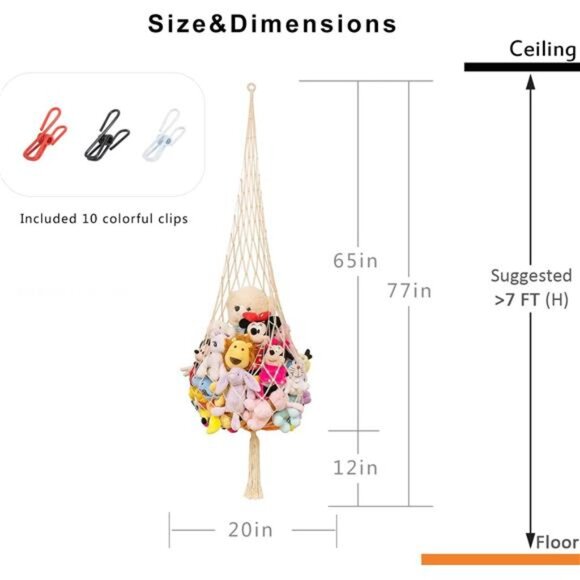 Stuffed Animal Net or Hammock Macrame Toy Display- 6.5ft H,One Hook! - Picture 4 of 7